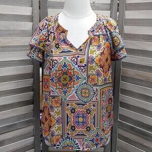 Womens Multi Color Smock Neck Woven Blouse | Democracy | Extra Small